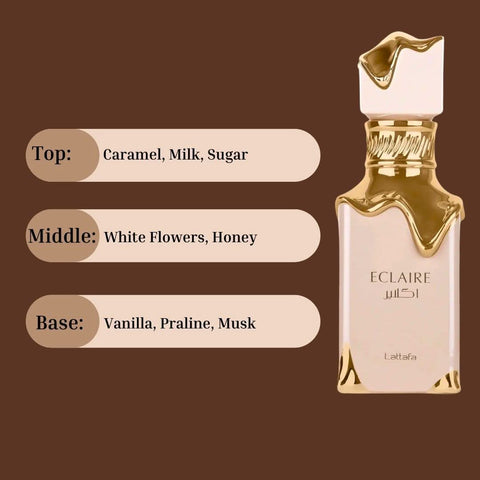 Lattafa Eclaire Eau de Parfum spray 100ml with velvet pouch, featuring elegant fragrance bottle and cap.