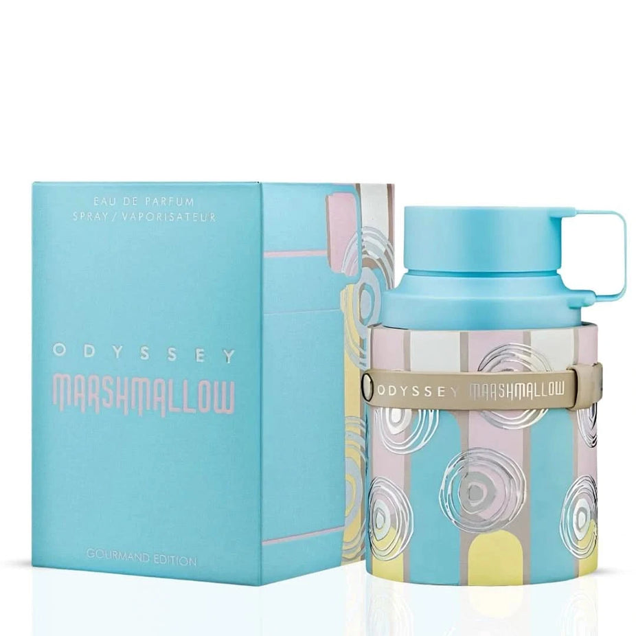 Odyssey Candee and Marshmallow Eau de Parfum sprays by Armaf in a 100ml bundle, featuring elegant glass bottles with spray nozzles.