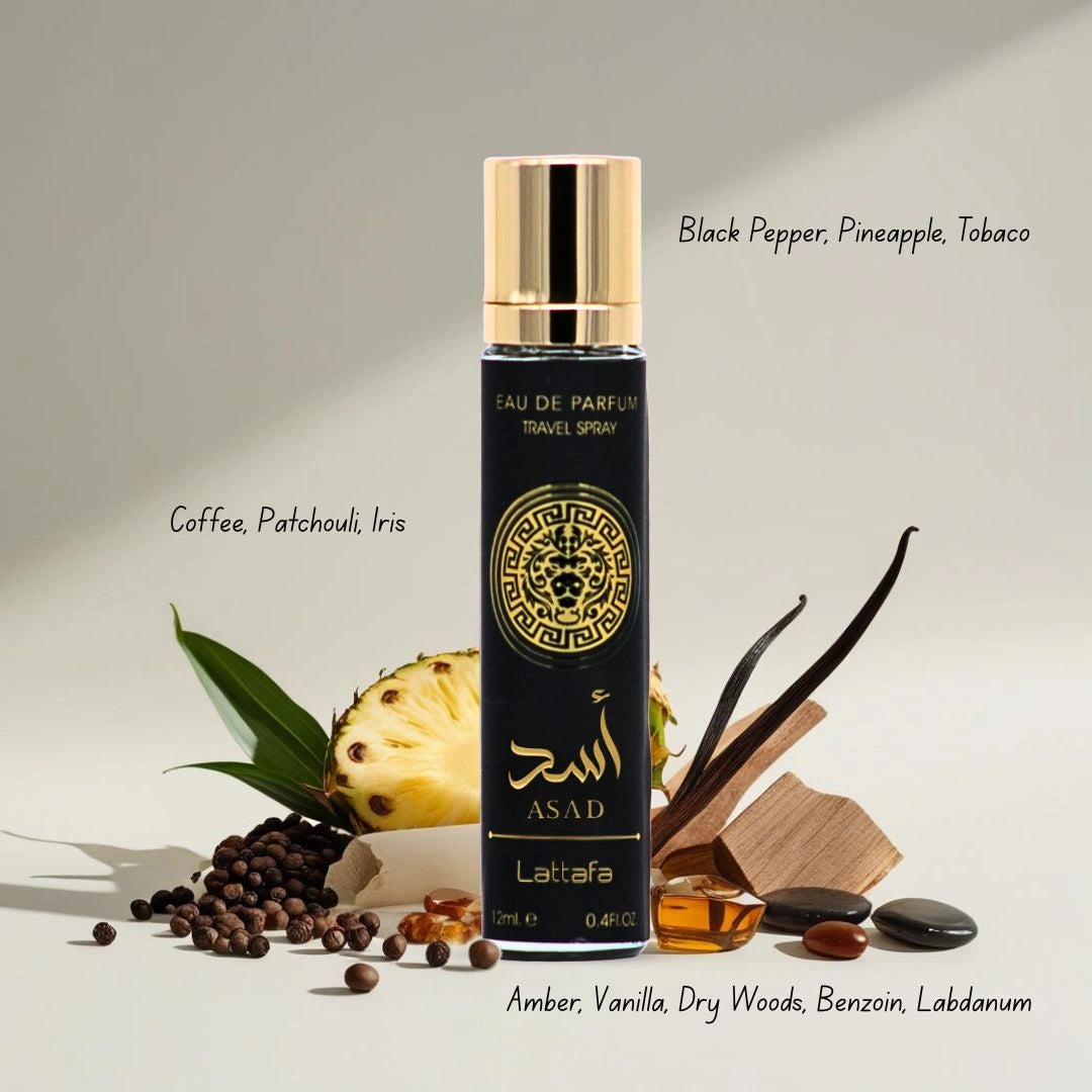 Asad Eau de Parfum Travel Spray 12ml (0.4 oz) by Lattafa | Power in Your Pocket - Intense Oud