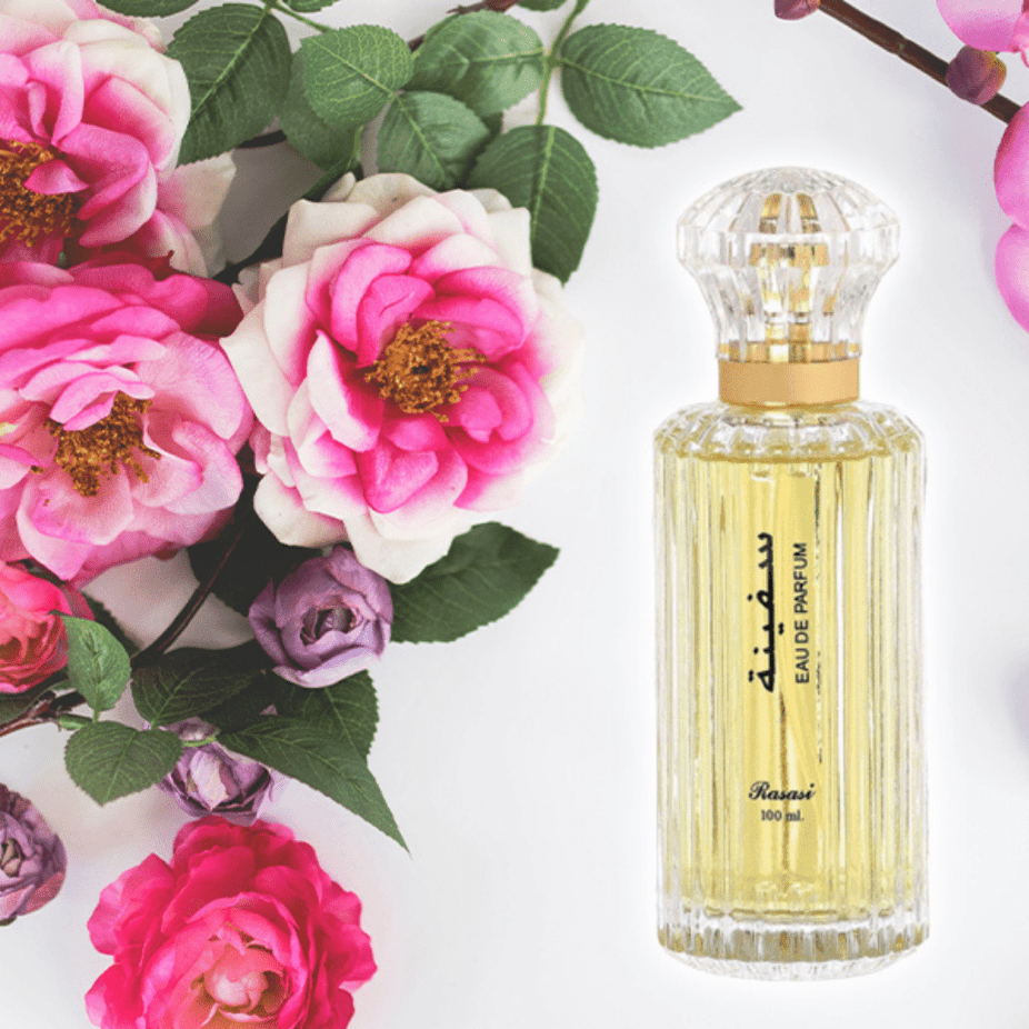 Rasasi Safina for Women 100ML EDP with velvet pouch, showcasing the elegant perfume bottle and luxurious packaging.