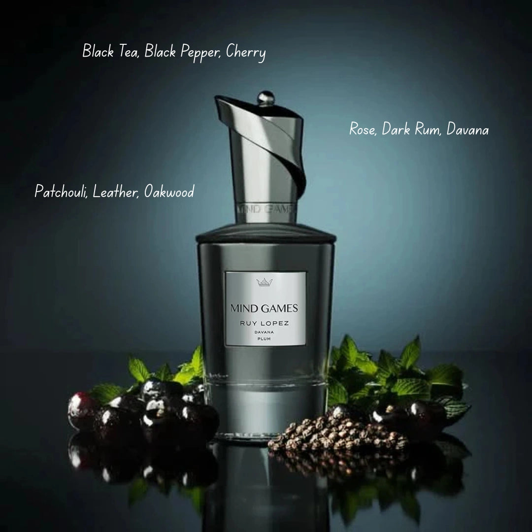Mind Games Ruy Lopez Extrait de Parfum 100ml EDP bottle with elegant packaging and dark glass design.