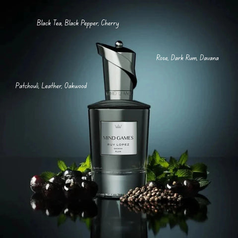 Mind Games Ruy Lopez Extrait de Parfum 100ml EDP bottle with elegant packaging and dark glass design.