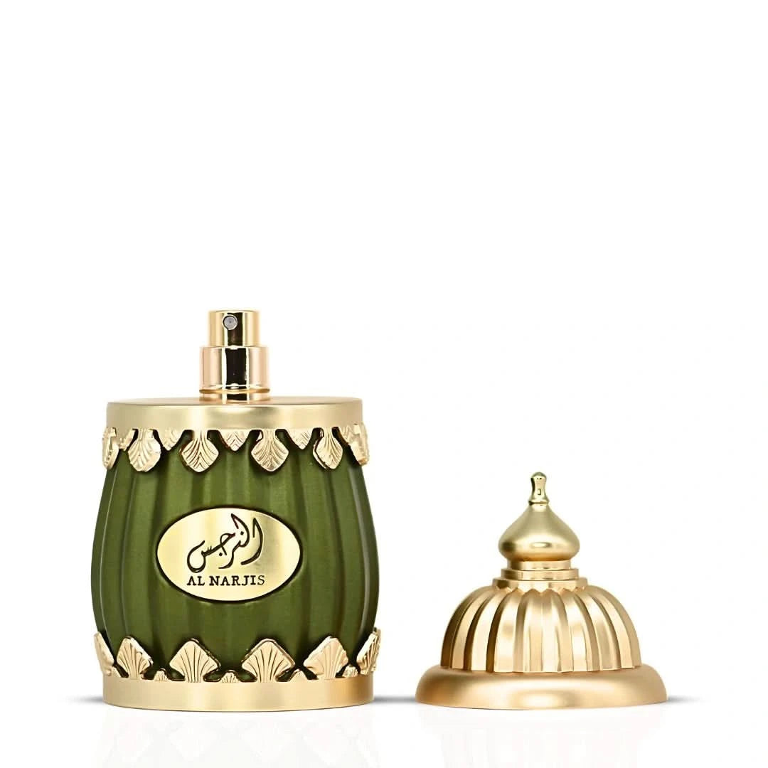 Lattafa Niche Emarati Al Narjis Eau De Parfum spray in a 100ml bottle, displayed with a velvet pouch.