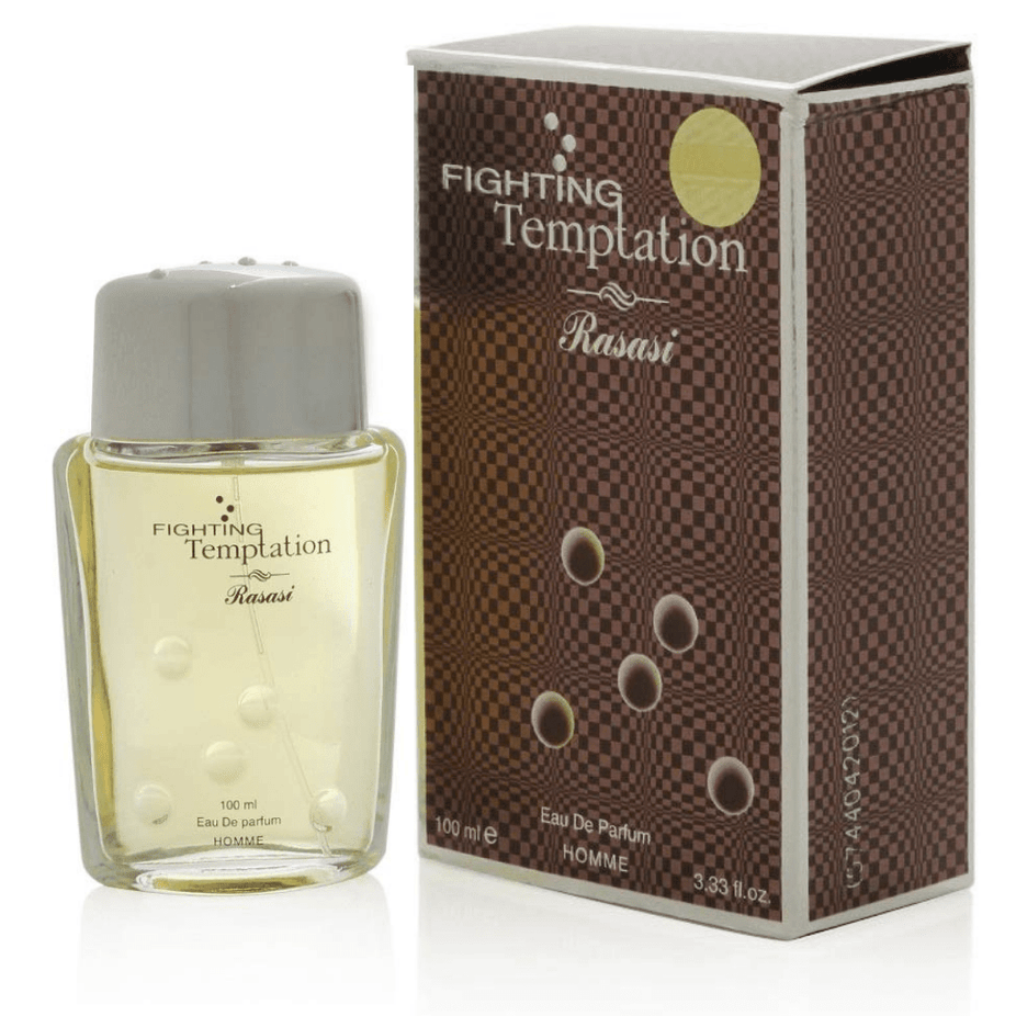 Rasasi Fighting Temptation Eau De Parfum 100ml bottle with elegant packaging and floral design, showcasing the fragrance's luxurious appeal.