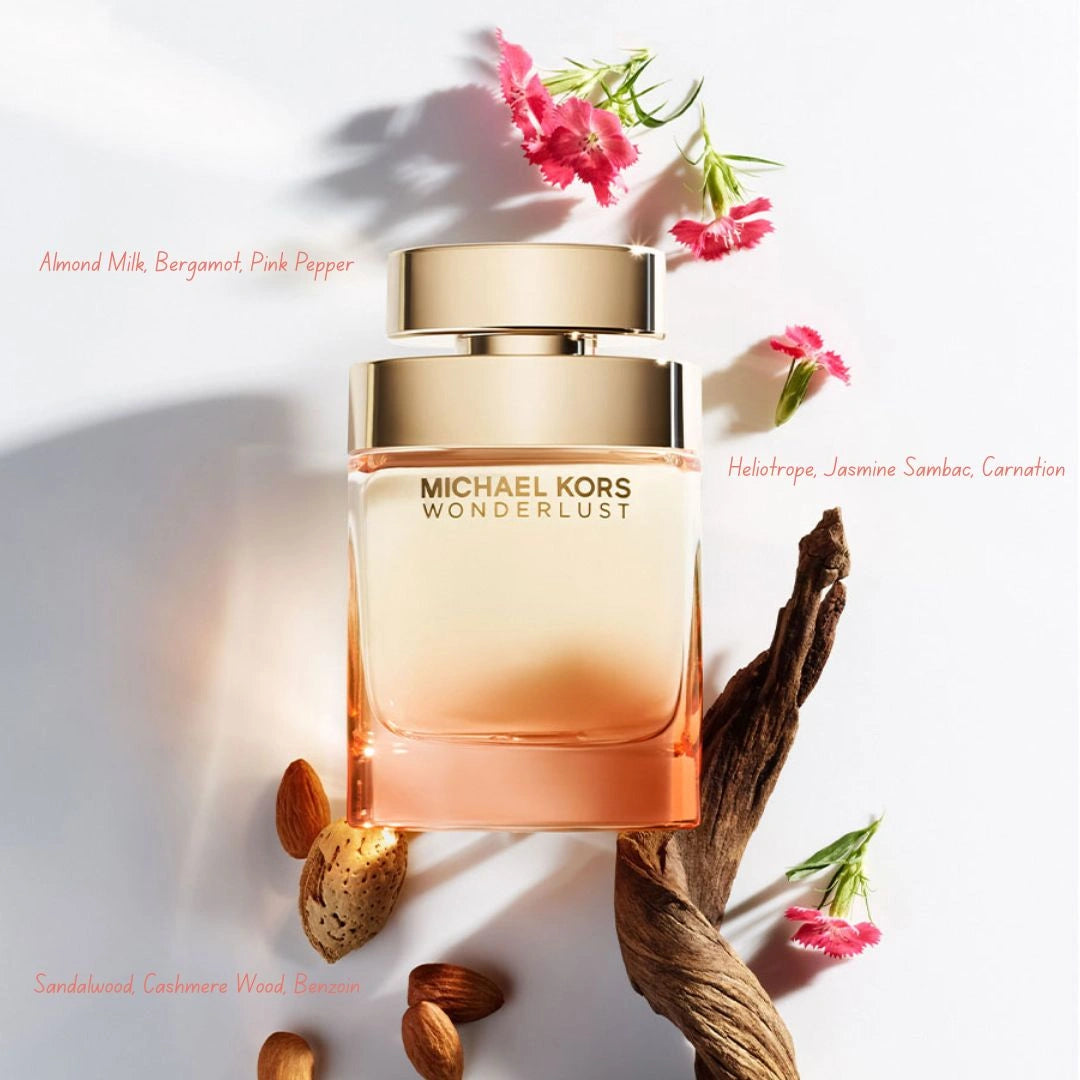 Michael Kors Wonderlust 3Pc Gift Set (3.4oz EDP Spray, 3.4oz Body Lotion, Round Purse) | Every Spritz, A First-Class Escape - Intense Oud