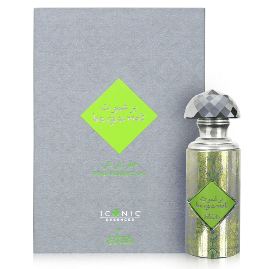 Nabeel Bergamot Perfume Oil in 15ml bottle, concentrated perfume oil with a vibrant citrus bergamot scent, in a clear glass container.
