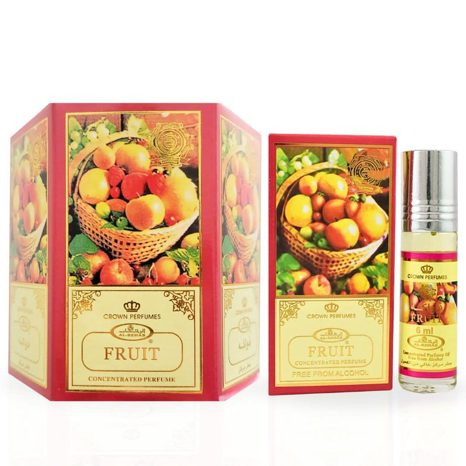 Set of six 6ml bottles of Al Rehab Fruit Perfume Oil CPO, concentrated perfume oil with colorful packaging.
