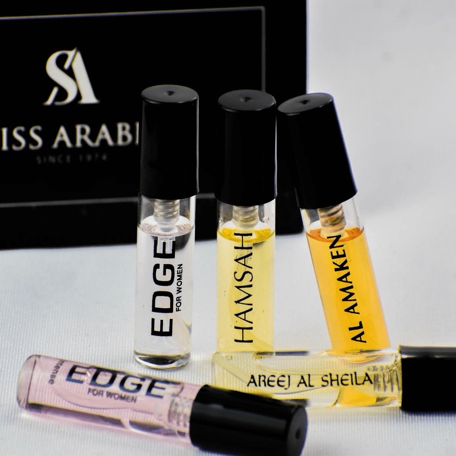 Swiss Arabian 5 SA Sample set including Edge Women, Hamsah, and Areej Al Sheila fragrances in sample bottles.