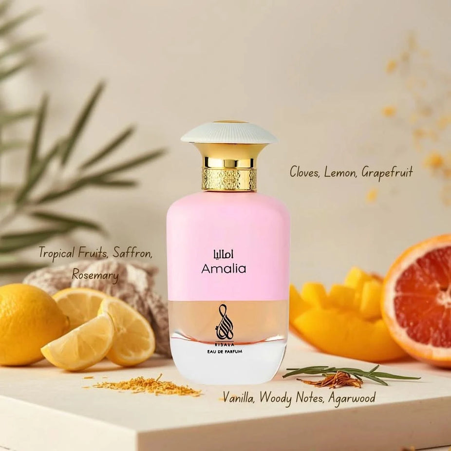 Amalia Eau de Parfum Spray by Elite Risala, 100ml bottle, elegant design, showcasing the perfume and packaging.