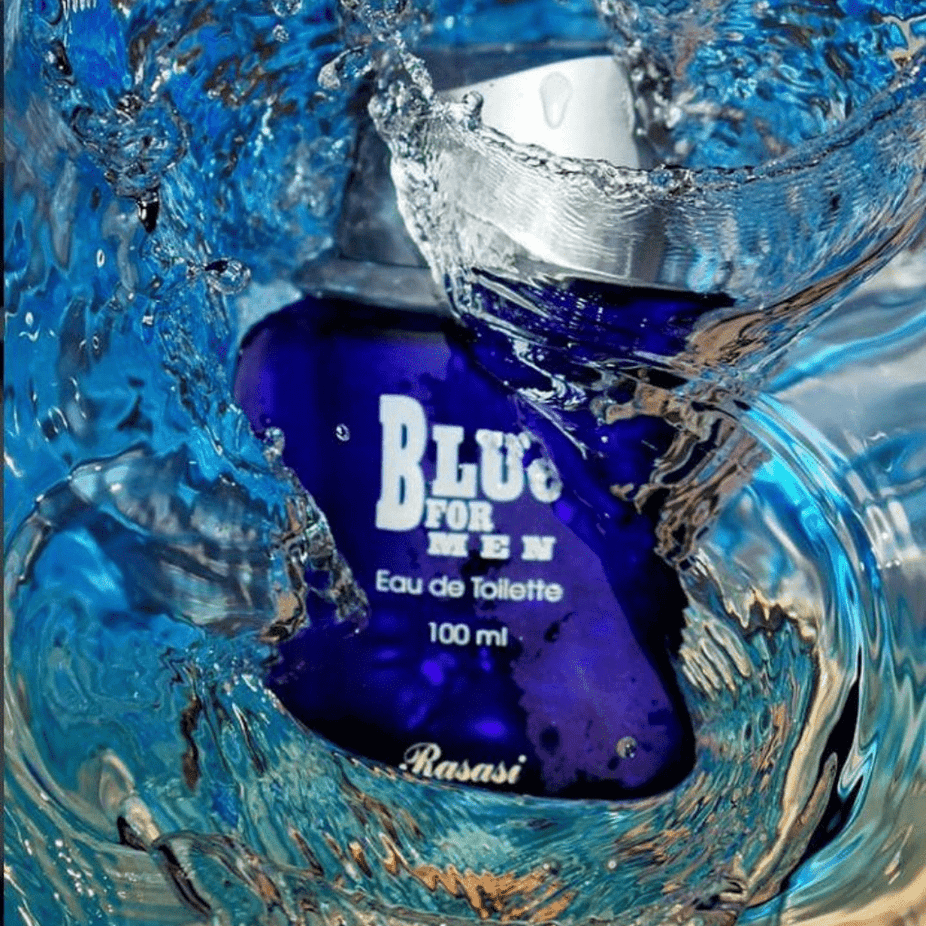 Blue for Men EDT by Rasasi, 100ML bottle, with sleek packaging and clear glass showing the fragrance inside.
