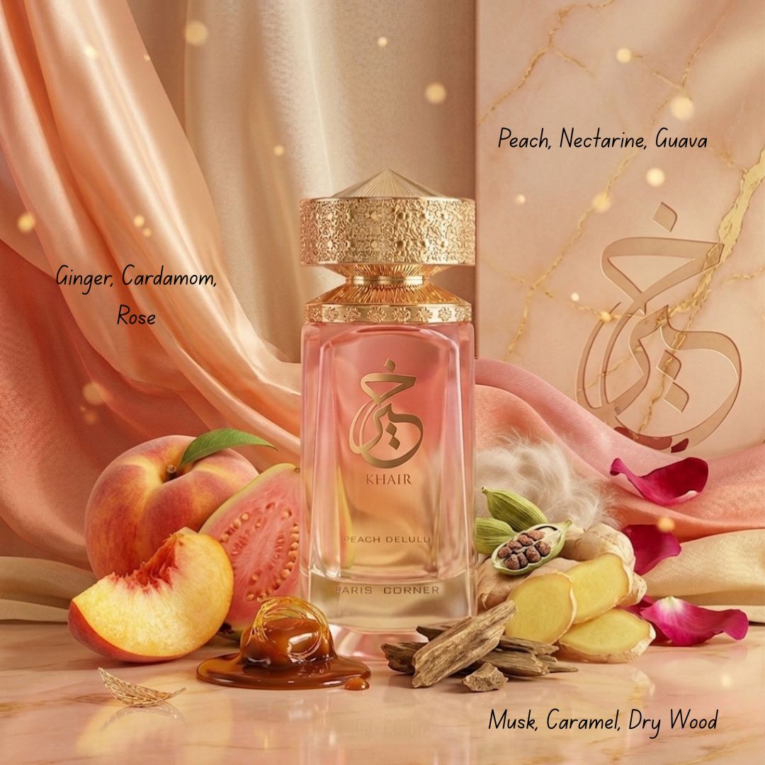 Khair Peach Delulu Eau de Parfum spray bottle by Paris Corner, 100ml, showcasing the elegant fragrance packaging.