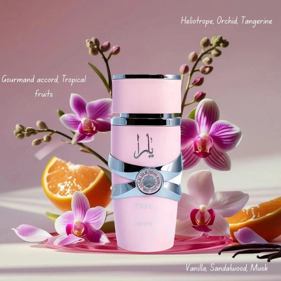 Lattafa Yara Eau de Parfum Spray and All Over Spray bundle, featuring 100ml perfume and 150ml body spray bottles.
