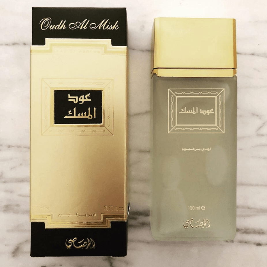 Rasasi Oudh Al Misk Eau De Parfum 100ml bottle with elegant design and fragrance details visible in the image