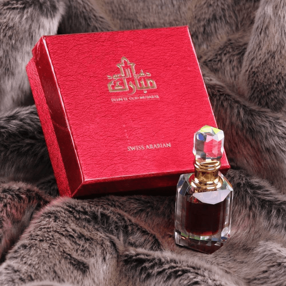 Swiss Arabian Dehn El Ood Mubarak perfume oil in a 6ml bottle, featuring traditional concentrated perfume oil packaging.