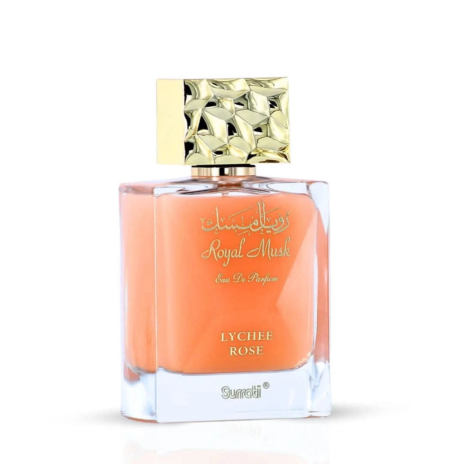 Surrati Royal Musk Lychee Rose Eau de Parfum spray 100ml with elegant floral and musky scent in a sleek bottle