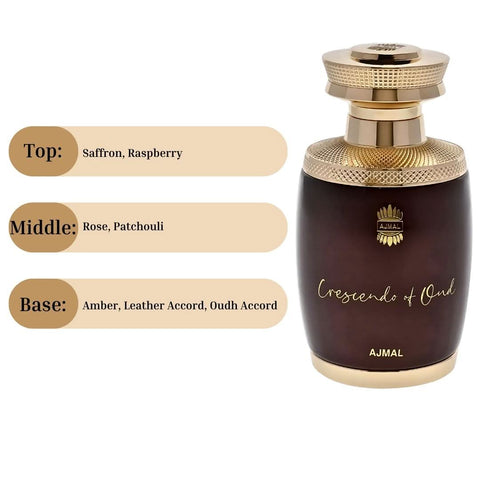 Ajmal Crescendo of Oud Eau de Parfum spray bottle with elegant packaging, 75ml (2.5 oz), featuring floral and woody notes.