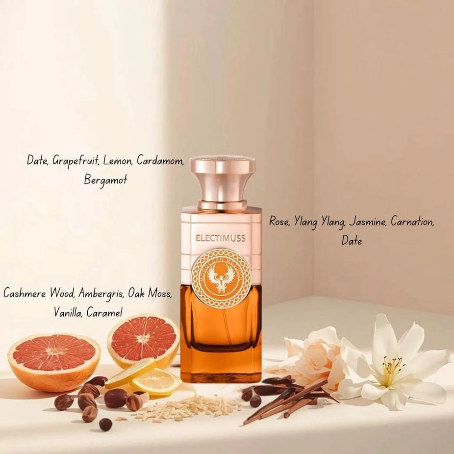 Electimuss London Moroccan Medjool Parfum Spray 100ml EDP bottle with elegant packaging and gold accents.