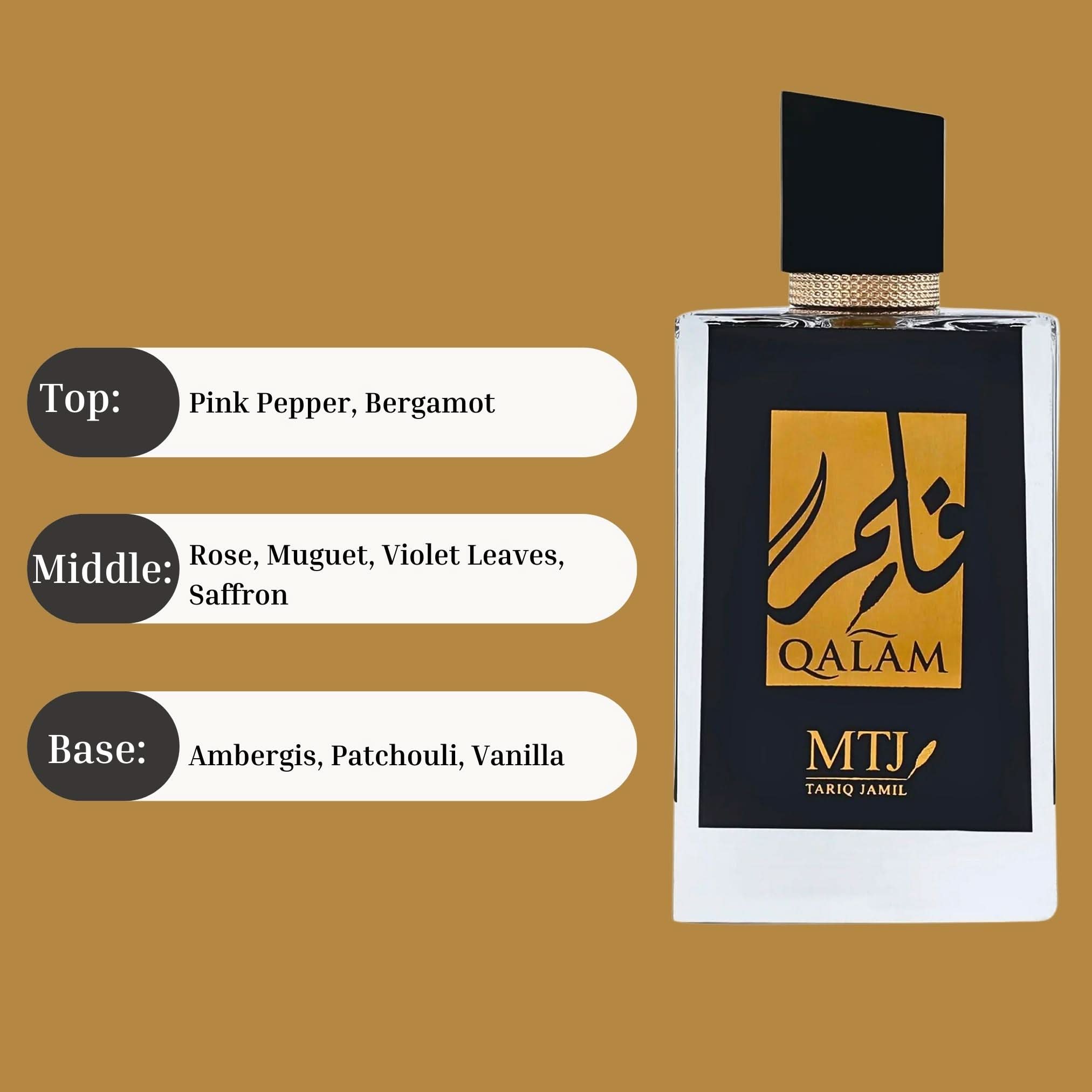 MTJ Qalam EDP Spray 100ML, unisex perfume bottle with warm spicy, musky, floral scent and sleek design.