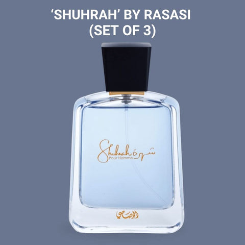 Rasasi Shuhrah Pour Homme Eau de Parfum spray bottles in a value pack, 90ml each, featuring sleek packaging and branding.