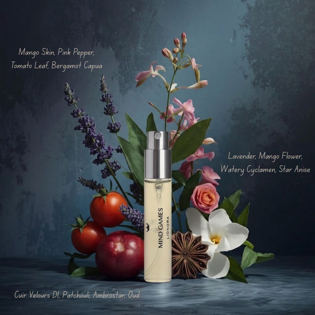 Lionora Travel Trio collection by Mind Games featuring three 7.5ml bottles of colorful, artistic travel-themed liquids.