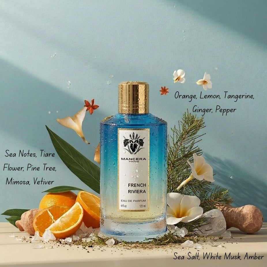 Mancera French Riviera Eau de Parfum spray 120ml bottle with elegant packaging and floral, citrus scent notes.