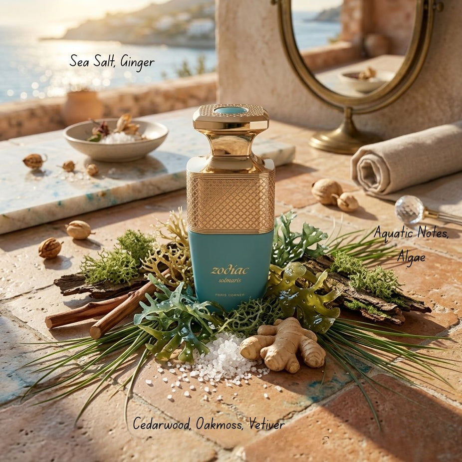 Zodiac Solmaris Eau de Parfum spray bottle by Paris Corner, 100ml, with elegant packaging and a sleek design.