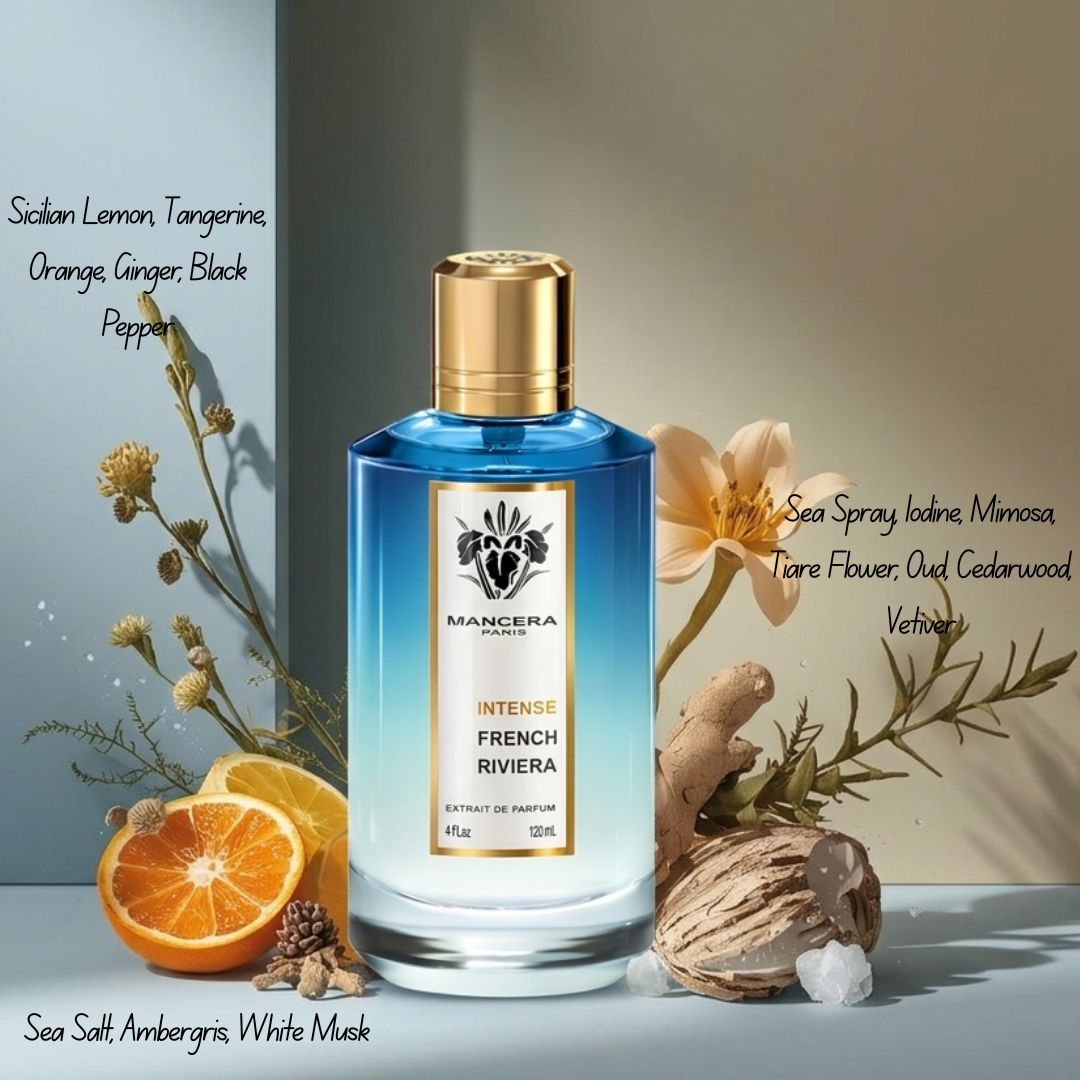 Mancera Intense French Riviera Extrait de Parfum spray bottle, 120ml, showcasing the elegant fragrance packaging.