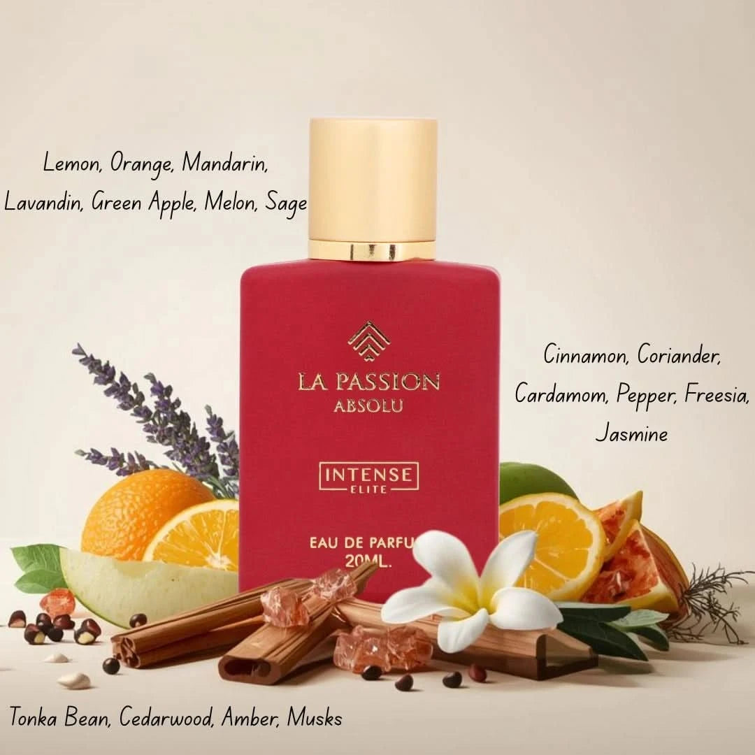 Intense Elite La Passion Absolu Women Eau de Parfum bundle with 100ml and mini 20ml spray bottles, elegant packaging.
