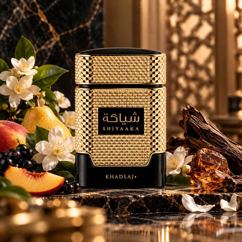 Khadlaj Shiyaaka Gold Eau de Parfum Spray 100ml bottle on display