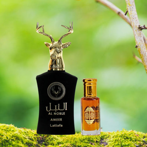 Al Noble Ameer EDP Spray 100ML (3.4 OZ) By Lattafa & Nouf Perfume Oil 12ML (0.40 OZ) By Intense Oud With Magnetic Gift Box | Ignite Your Spirit With These Refined Scents. - Intense Oud