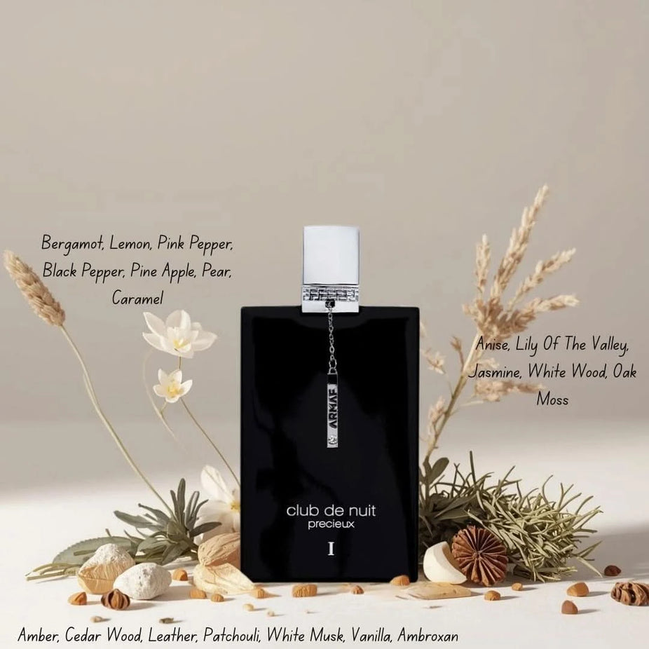 Armaf Club de Nuit Précieux I and IV perfume spray bundle, 55ml each, featuring elegant bottles with sleek design and fragrance caps.