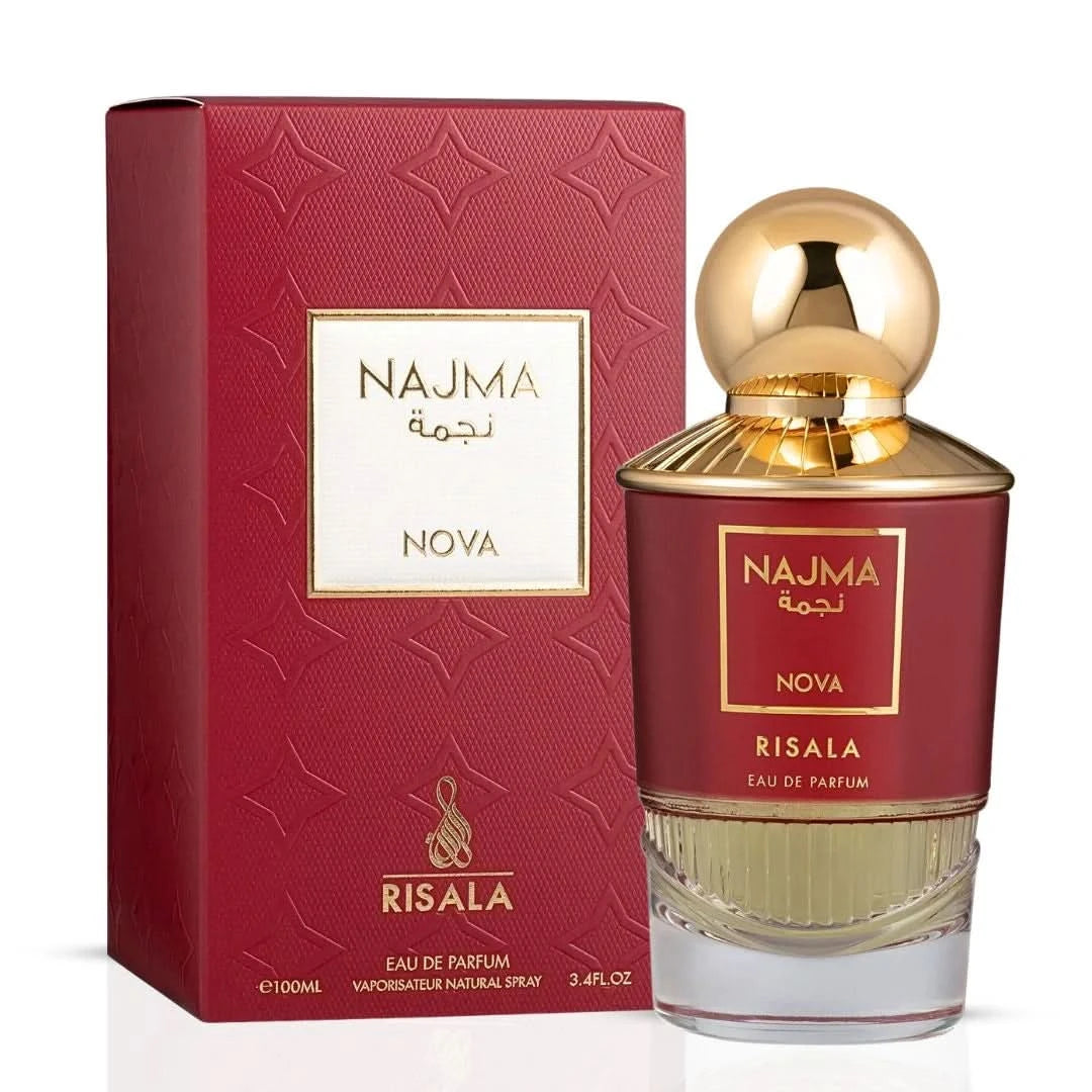 Risala Najma Capella and Najma Nova Eau de Parfum spray bundle, 100ml each, featuring elegant perfume bottles with sleek designs.
