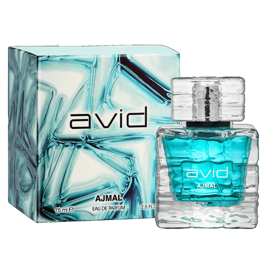 Ajmal Avid for Men Eau De Parfum 75ml bottle with sleek design, showcasing the stylish fragrance packaging.