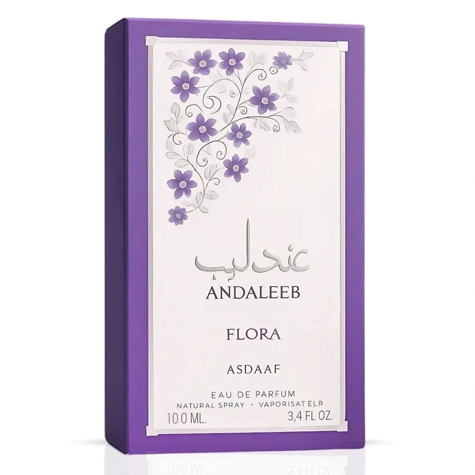 Andaleeb Flora Eau de Parfum spray bottle by Asdaaf, 100ml, with elegant floral design on the packaging.