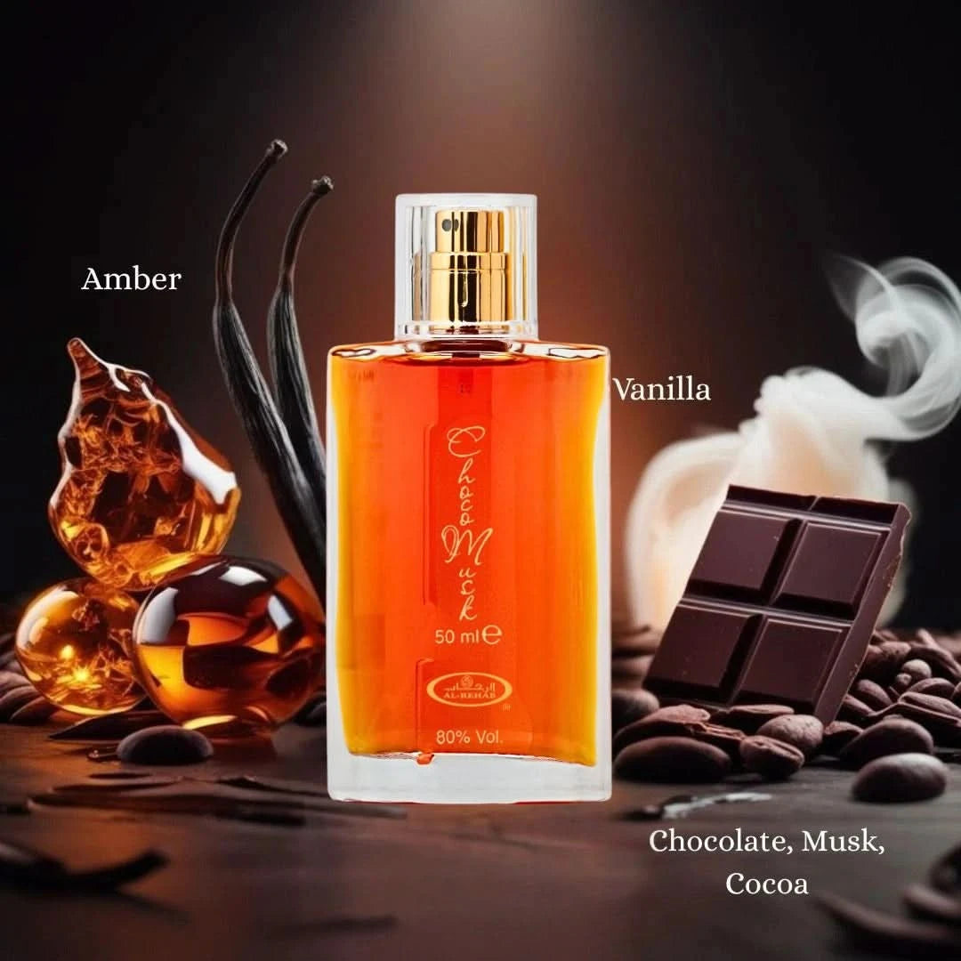 Al Rehab Choco Musk 3-piece perfume gift set with bottles featuring elegant packaging and floral accents.