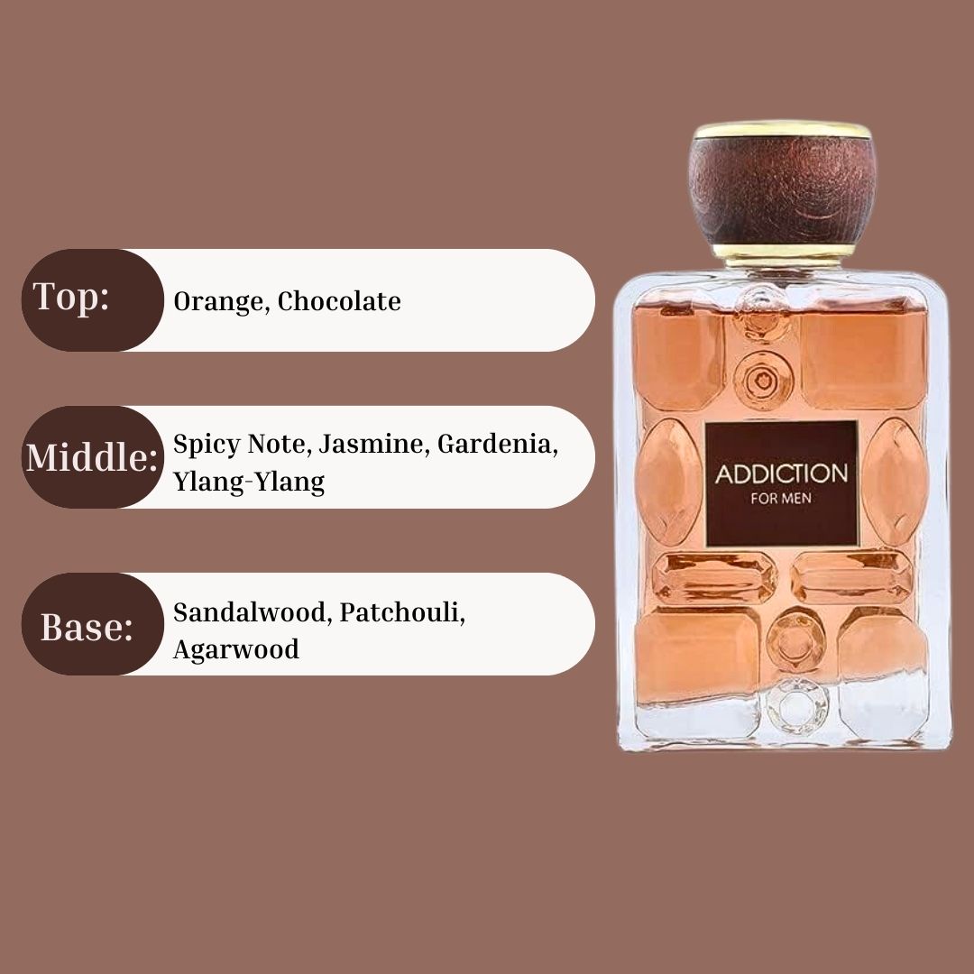 Addiction For Men EDP Spray 100ML (3.4 OZ) by Bonanza Satrangi | Long Lasting, Gourmand, Floral, Woody, Luxurious Fragrance. - Intense Oud