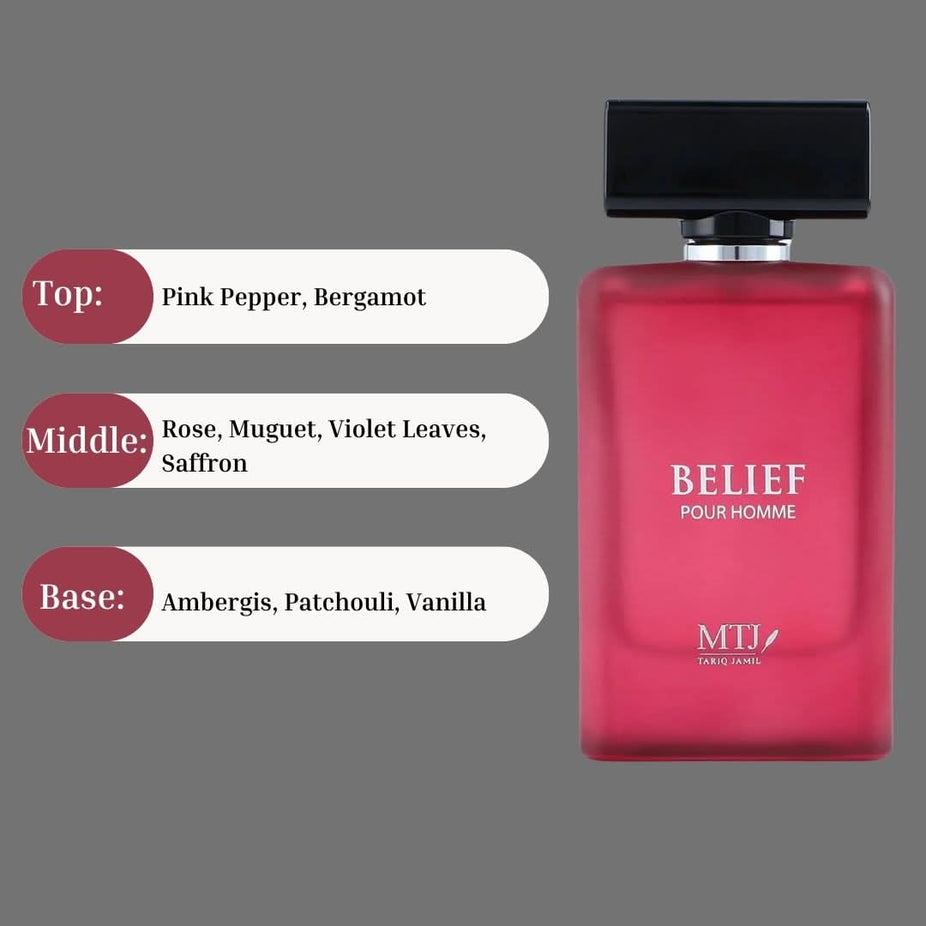 MTJ Belief Pour Homme EDP spray 100ML featuring floral, exotic spices, and warm notes in a sleek perfume bottle.