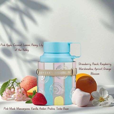 Armaf Odyssey Marshmallow Gourmand Edition Eau De Parfum spray in a sleek 100ml bottle, displayed with a velvet pouch.
