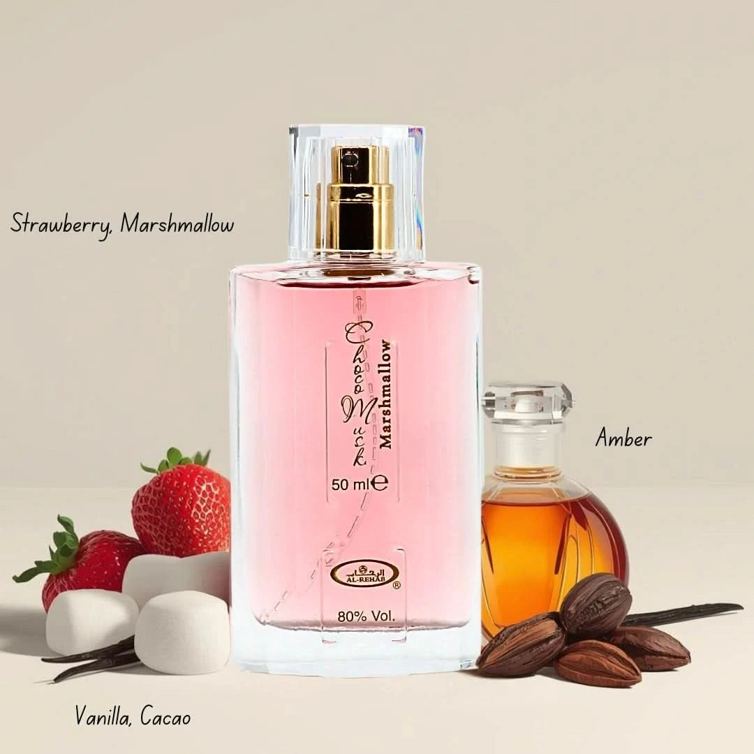 Al Rehab Choco Musk Marshmallow 3-piece perfume gift set with elegant bottles and packaging, showcasing luxurious fragrance options.