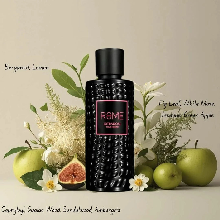 Rome Extradose Pour Homme Eau De Parfum spray by Mast Perfume, 100ml, featuring a sleek glass bottle with a modern design.