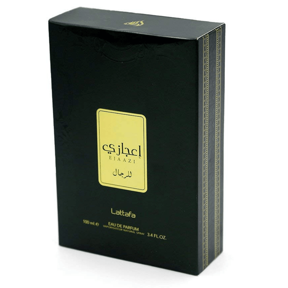 Ejaazi Eau De Parfum Spray by Lattafa, 100ml bottle, elegant glass packaging with perfume spray nozzle.