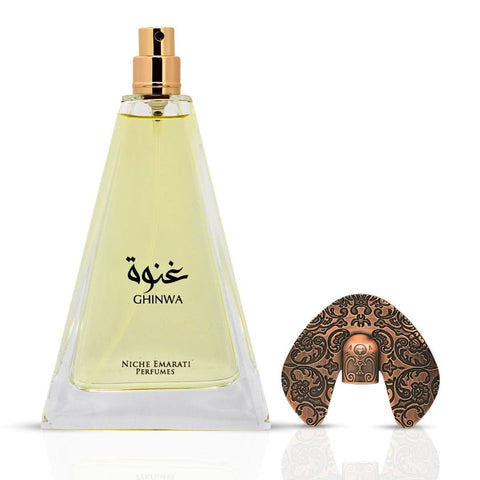 Lattafa Niche Emarati Ghinwa Eau de Parfum spray in a velvet pouch, 100ml, featuring a luxurious perfume bottle.