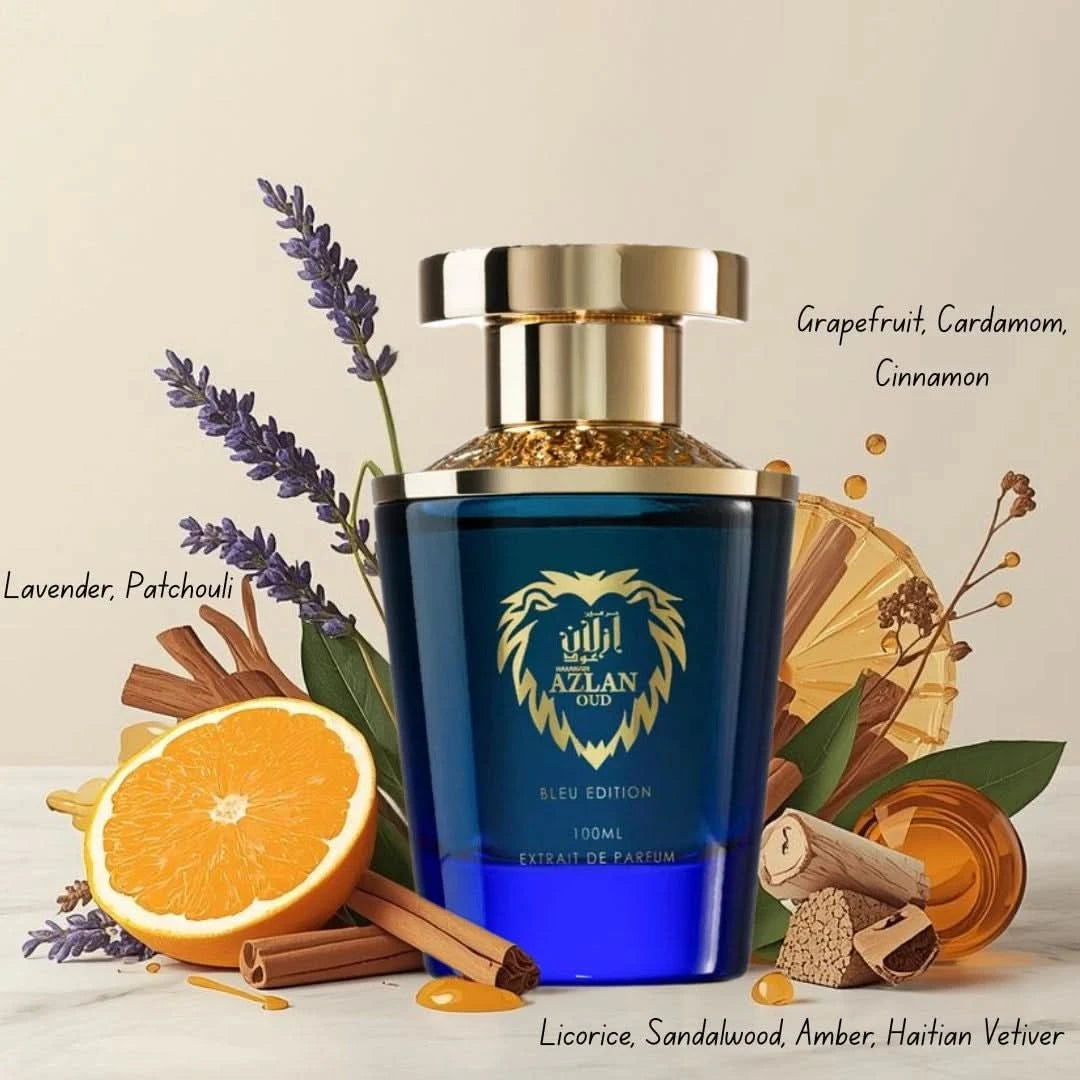 Al Haramain Azlan Oud Bleu Edition Extrait de Parfum spray 100ml, elegant perfume bottle with blue accents and gold cap.