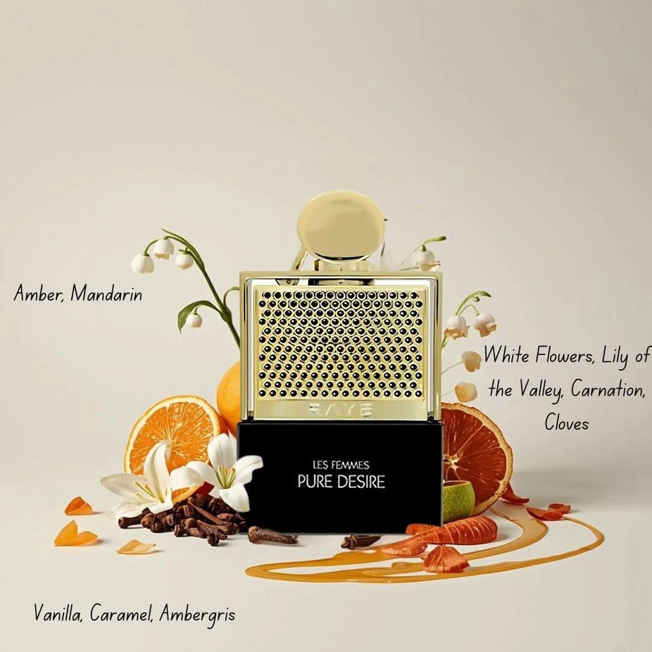 RAVE Pure Desire Gold Eau de Parfum spray bottle, 100ml, with elegant packaging and gold accents.