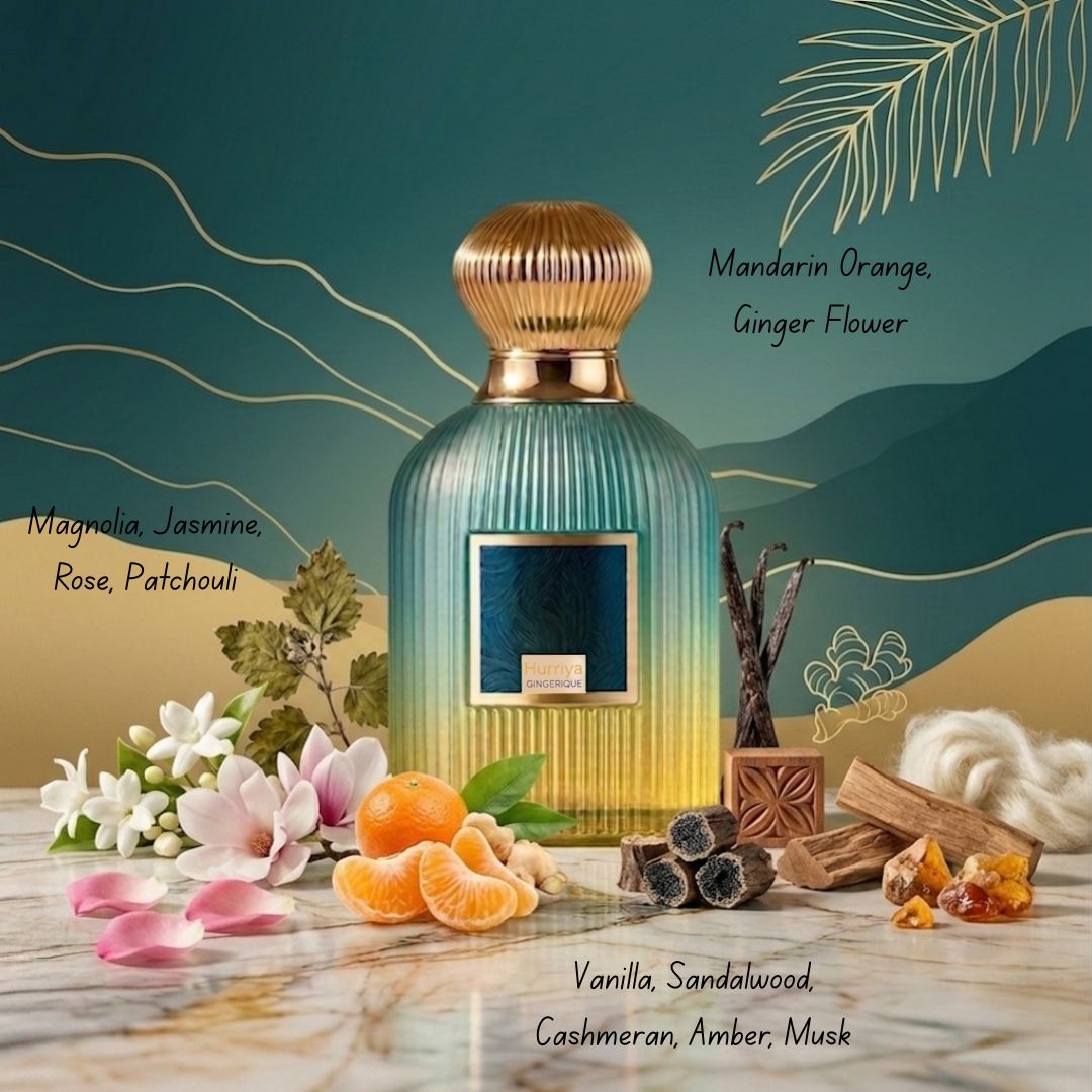 Hurriya Gingerique Eau de Parfum spray by Paris Corner, 100ml bottle, featuring elegant packaging and fragrance details.