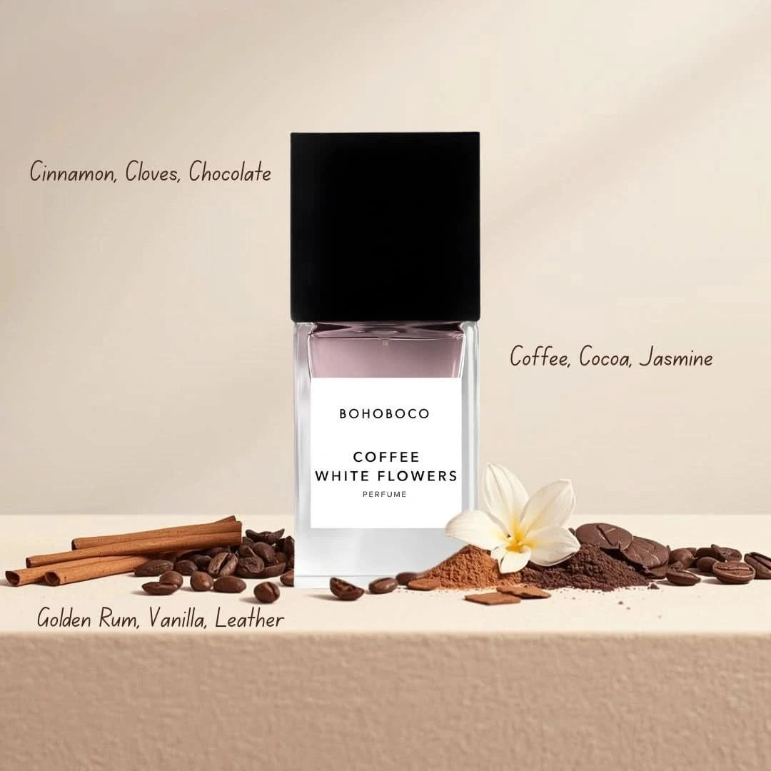 Bohoboco Coffee White Flowers Eau de Parfum spray bottle, 50ml, with floral and coffee fragrance notes.