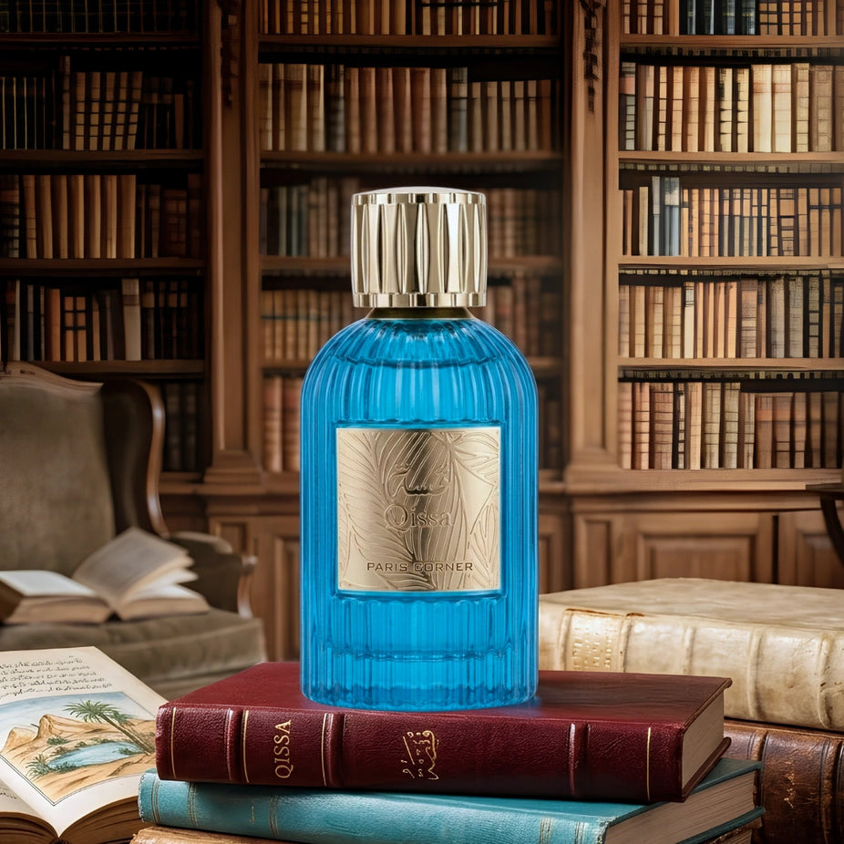 Qissa Blue Eau de Parfum spray by Paris Corner, 100ml bottle with sleek blue design and elegant cap.