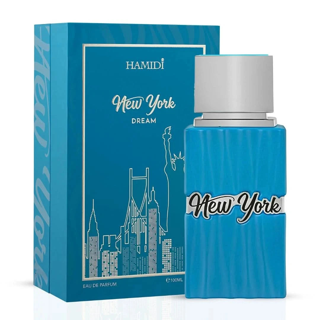 Hamidi New York Life and Dream Eau de Parfum spray bundle, 100ml, featuring two elegant perfume bottles with decorative caps.