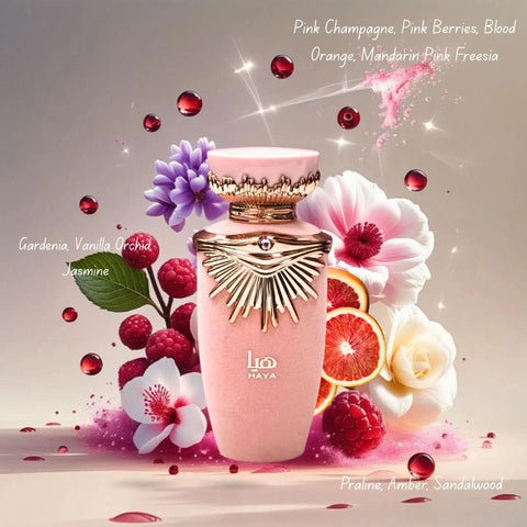 Lattafa Haya Eau de Parfum Spray 100ml and All Over Spray 150ml bundle, featuring elegant perfume bottles and sprays.