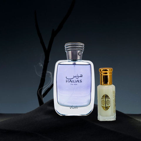 Hawas for Men EDP Spray 100ML (3.4 OZ) & Musk Tahara Perfume Oil 12ML (0.4 OZ) With Magnetic Gift Box | Unleash Confidence With Every Spray. - Intense Oud